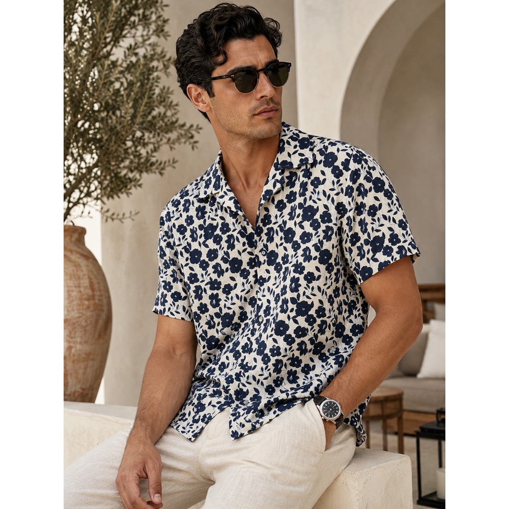 TED BAKER Jet Stream Floral Print Camp Collar Linen Blend Shirt Small NWT